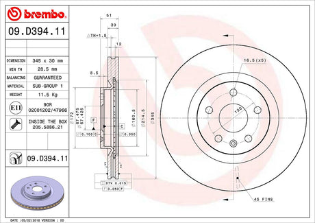 Product of Brembo 09D39411C02 Vented 1 Piece Brake Rotor 