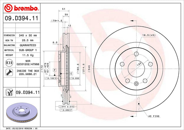 Product of Brembo 09D39411C02 Vented 1 Piece Brake Rotor 