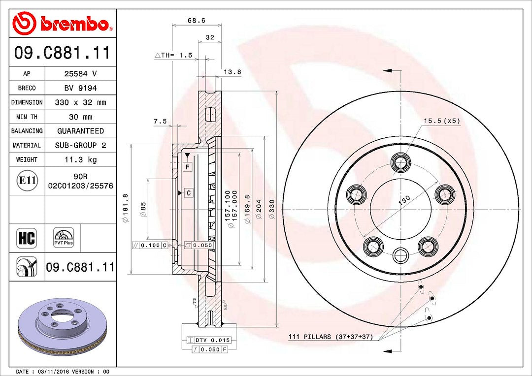 Product of Brembo 09C88111C02 Vented 1 Piece Brake Rotor 