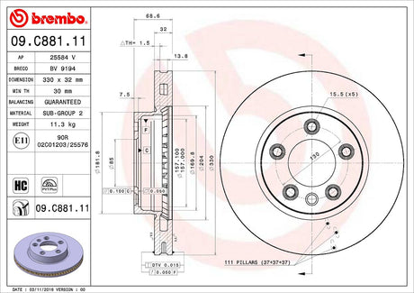 Product of Brembo 09C88111C02 Vented 1 Piece Brake Rotor 