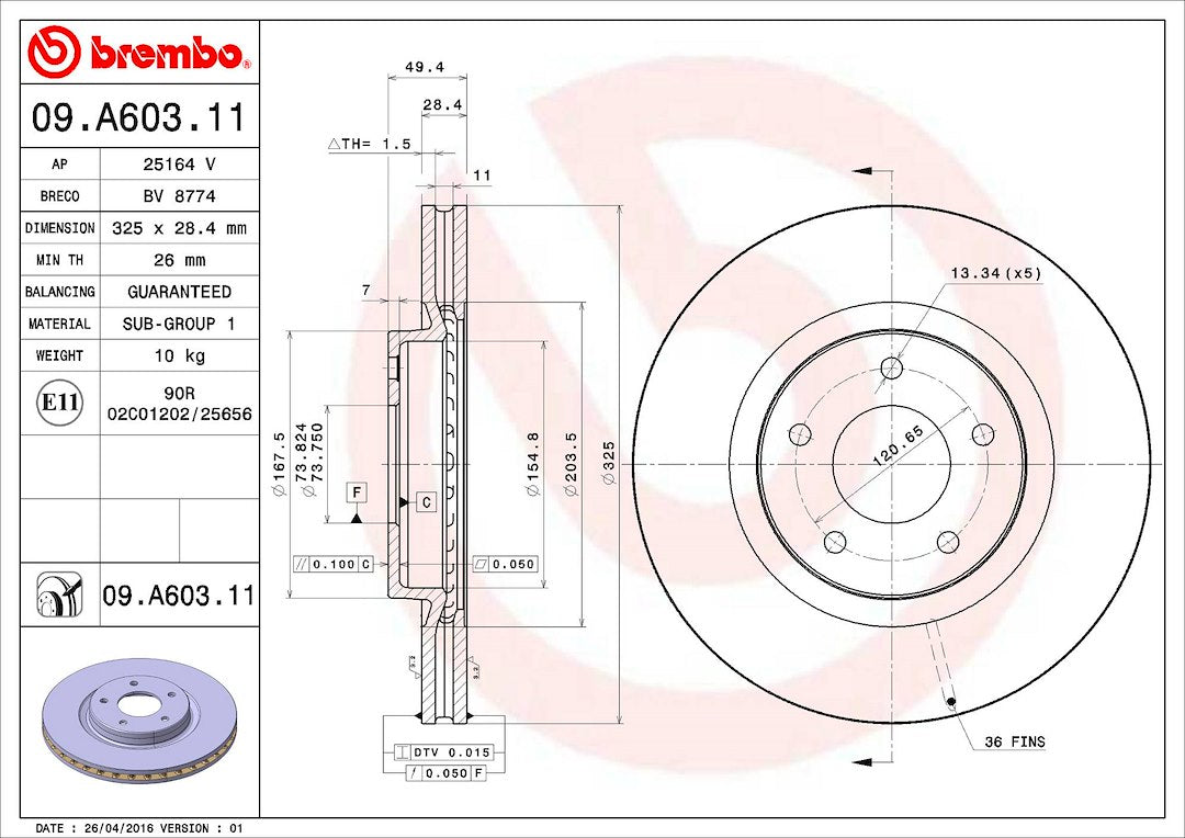 Product of Brembo 09A60311C02 Vented 1 Piece Brake Rotor 
