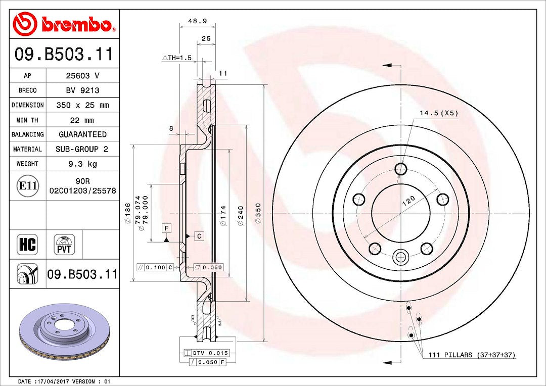 Product of Brembo 09B50311C02 Vented 1 Piece Brake Rotor 
