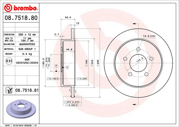 Product of Brembo 08751881C02 Solid 1 Piece Brake Rotor 