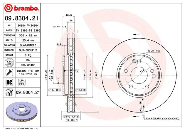 Product of Brembo 09830421C02 Vented 1 Piece Brake Rotor 