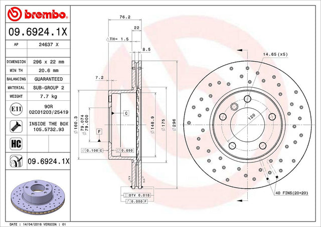 Product of Brembo 0969241XC02 Xtra Vented Cross Drilled 1 Piece Brake Rotor 