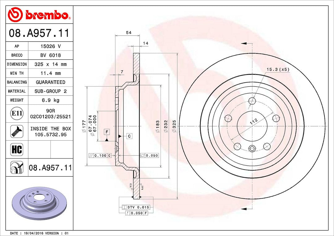Product of Brembo 08A95711C02 Solid 1 Piece Brake Rotor 