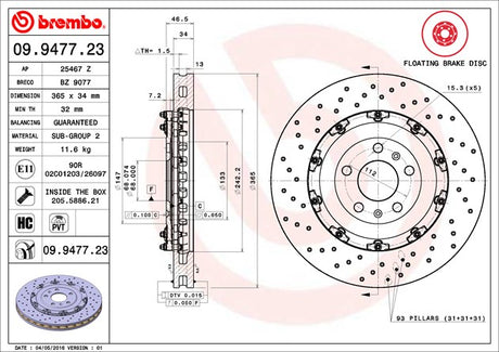 Product of Brembo 09947723C02 Vented Cross Drilled 1 Piece Brake Rotor 
