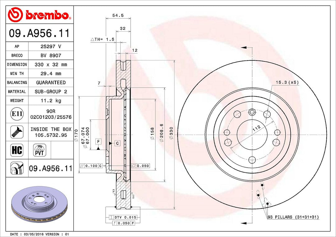 Product of Brembo 09A95611C02 Vented 1 Piece Brake Rotor 