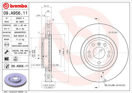 Product of Brembo 09A95611C02 Vented 1 Piece Brake Rotor 