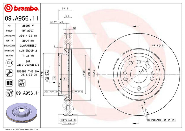 Product of Brembo 09A95611C02 Vented 1 Piece Brake Rotor 