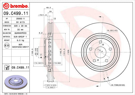 Product of Brembo 09C49911C02 Vented 1 Piece Brake Rotor 