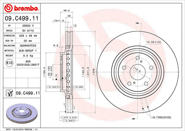 Product of Brembo 09C49911C02 Vented 1 Piece Brake Rotor 