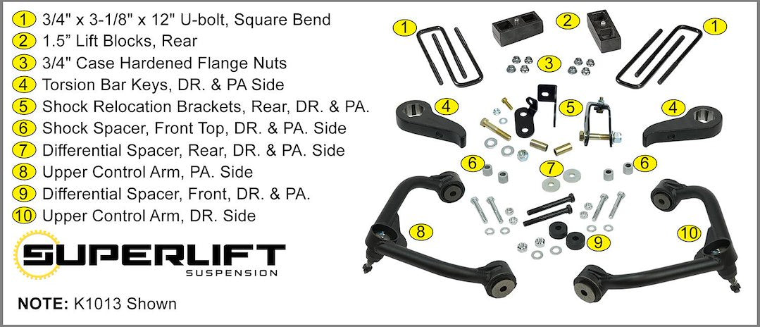 Superlift K1013 Lift Kit Suspension||kit-Components-Numbered-3355.Jpg||90||s30k1013||900803