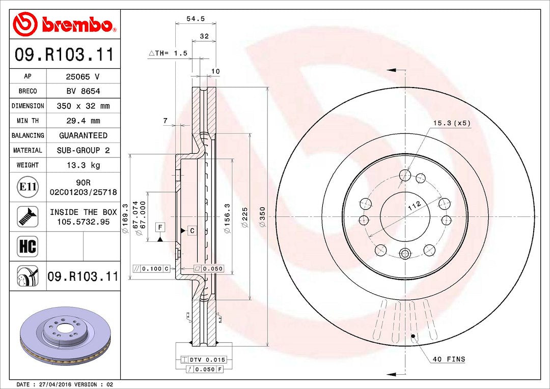 Product of Brembo 09R10311C02 Vented 1 Piece Brake Rotor 