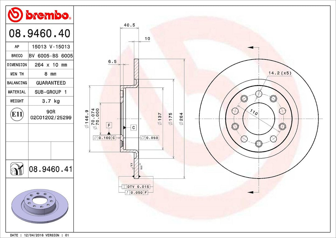 Product of Brembo 08946041C02 Solid 1 Piece Brake Rotor 