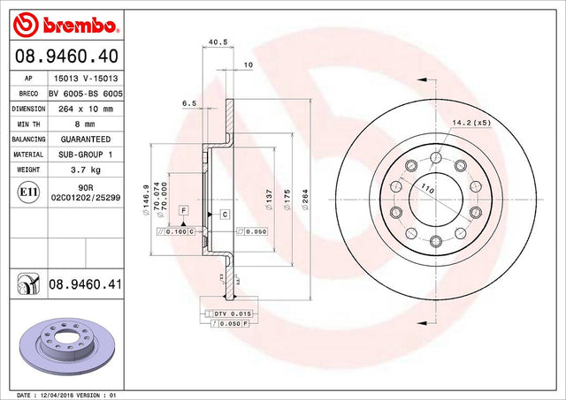 Product of Brembo 08946041C02 Solid 1 Piece Brake Rotor 