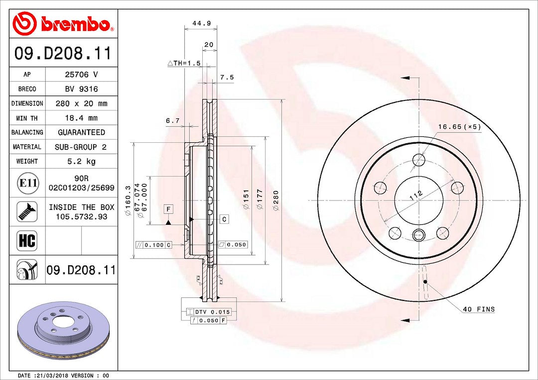 Product of Brembo 09D20811C02 Vented 1 Piece Brake Rotor 