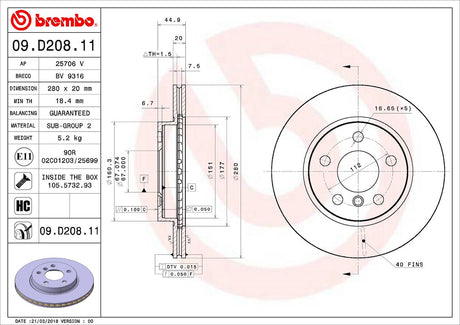 Product of Brembo 09D20811C02 Vented 1 Piece Brake Rotor 