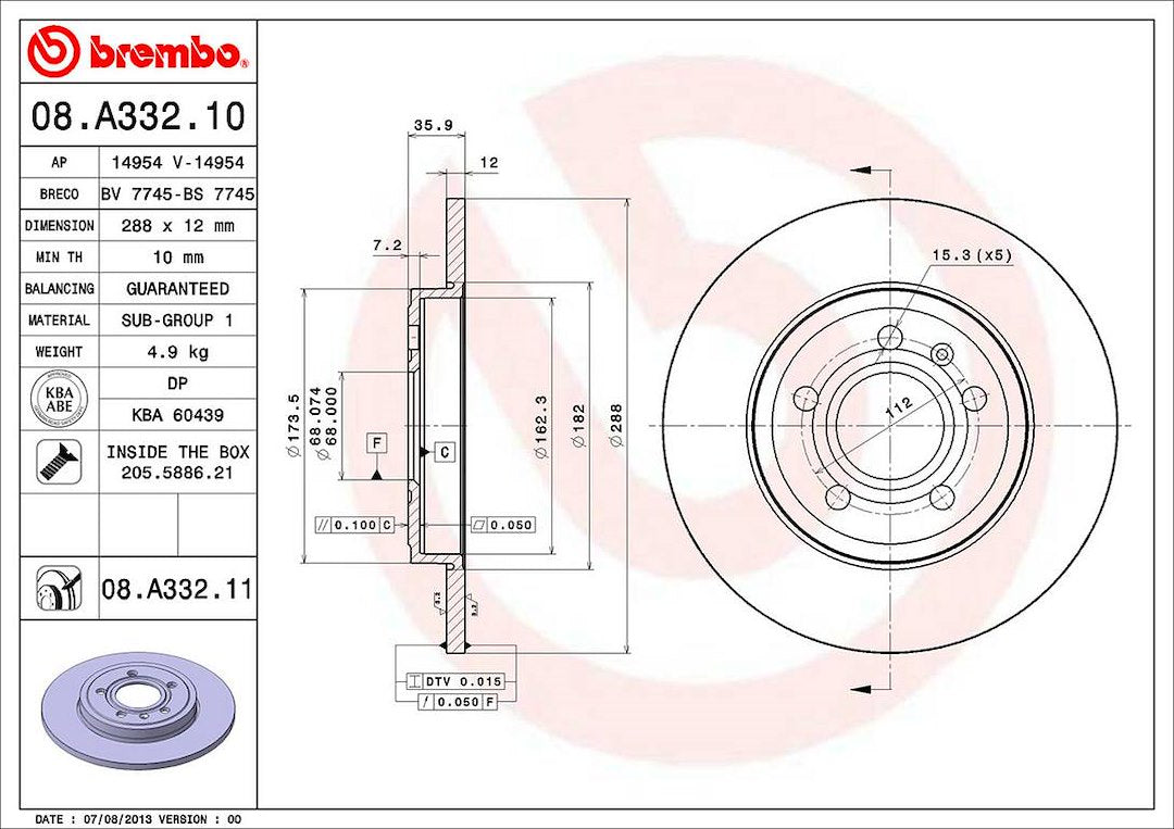 Product of Brembo 08A33211C02 Solid 1 Piece Brake Rotor 
