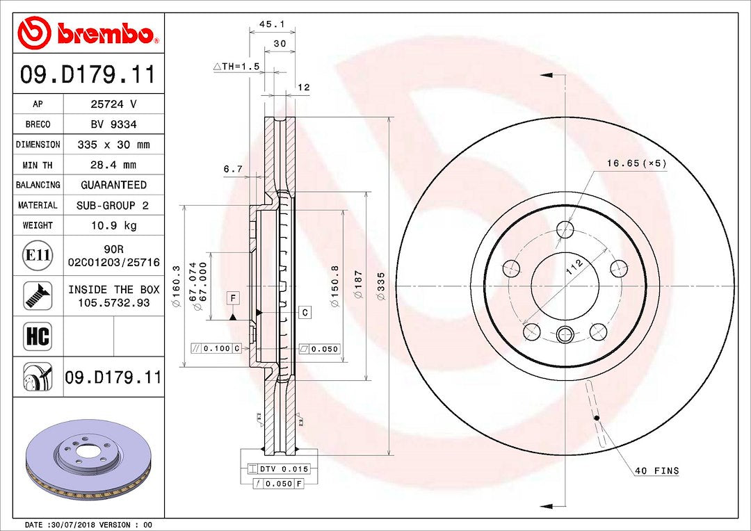 Product of Brembo 09D17911C02 Vented 1 Piece Brake Rotor 