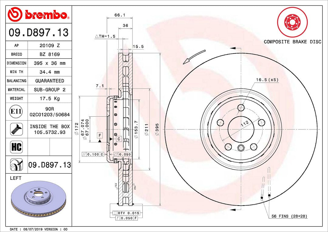 Product of Brembo 09D89713C02 Vented 1 Piece Brake Rotor 