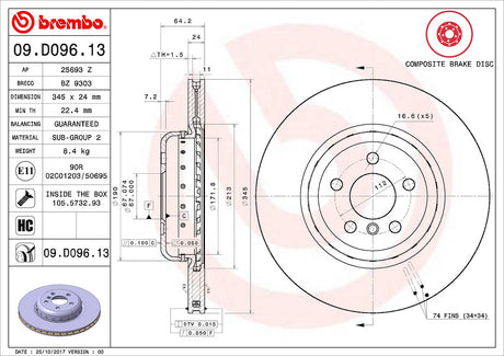 Product of Brembo 09D09613C02 Vented 1 Piece Brake Rotor 