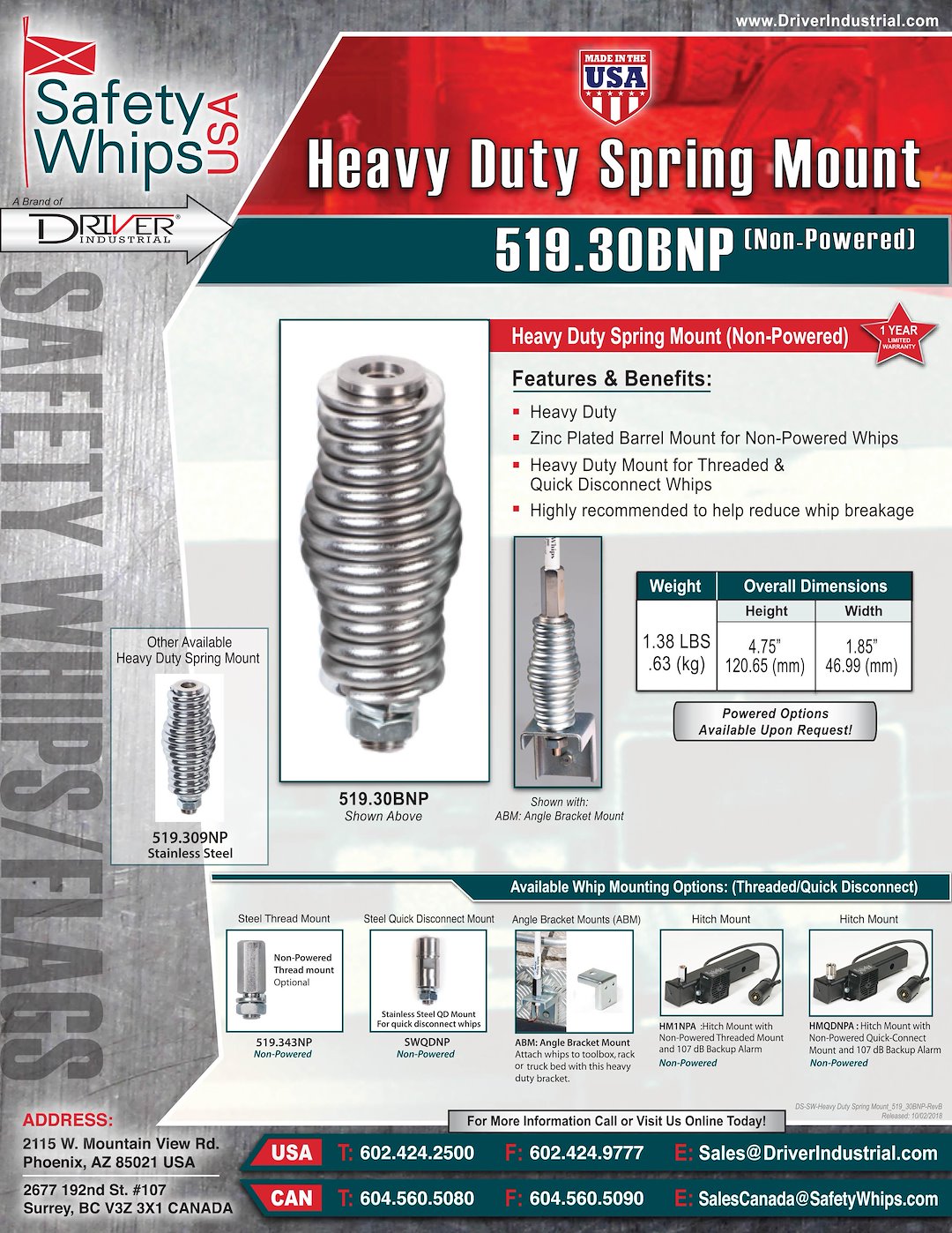 Driver Industrial Opco Llc 519.30bnp Warning Whip Base||ds-Sw-Heavy-Duty-Spring-Mount-519_30bnp-Revb.Jpg||87||drv51930bnp||1140166