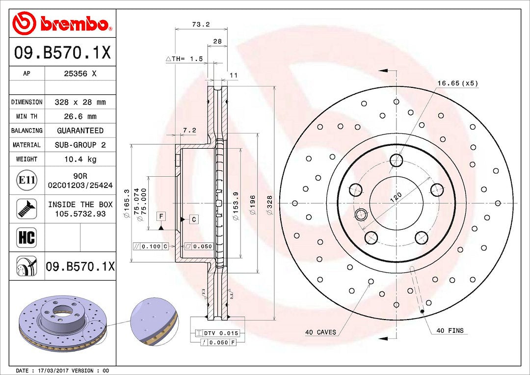 Product of Brembo 09B5701XC02 Xtra Vented Cross Drilled 1 Piece Brake Rotor 