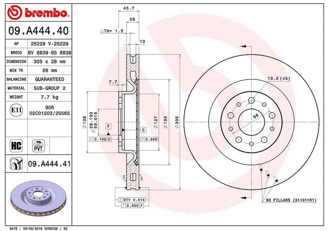 Product of Brembo 09A44441C02 Vented 1 Piece Brake Rotor 