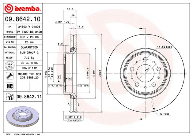 Product of Brembo 09864211C02 Vented 1 Piece Brake Rotor 