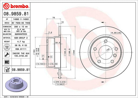 Product of Brembo 08985981C02 Solid 1 Piece Brake Rotor 