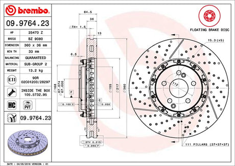 Product of Brembo 09976423C02 Vented Cross Drilled 1 Piece Brake Rotor 