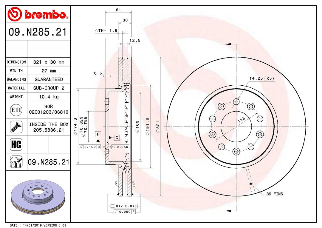 Product of Brembo 09N28521C02 Vented 1 Piece Brake Rotor 