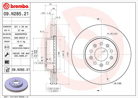 Product of Brembo 09N28521C02 Vented 1 Piece Brake Rotor 