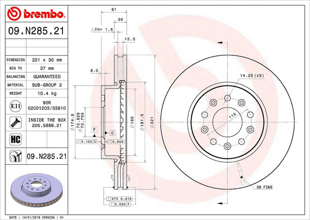 Product of Brembo 09N28521C02 Vented 1 Piece Brake Rotor 