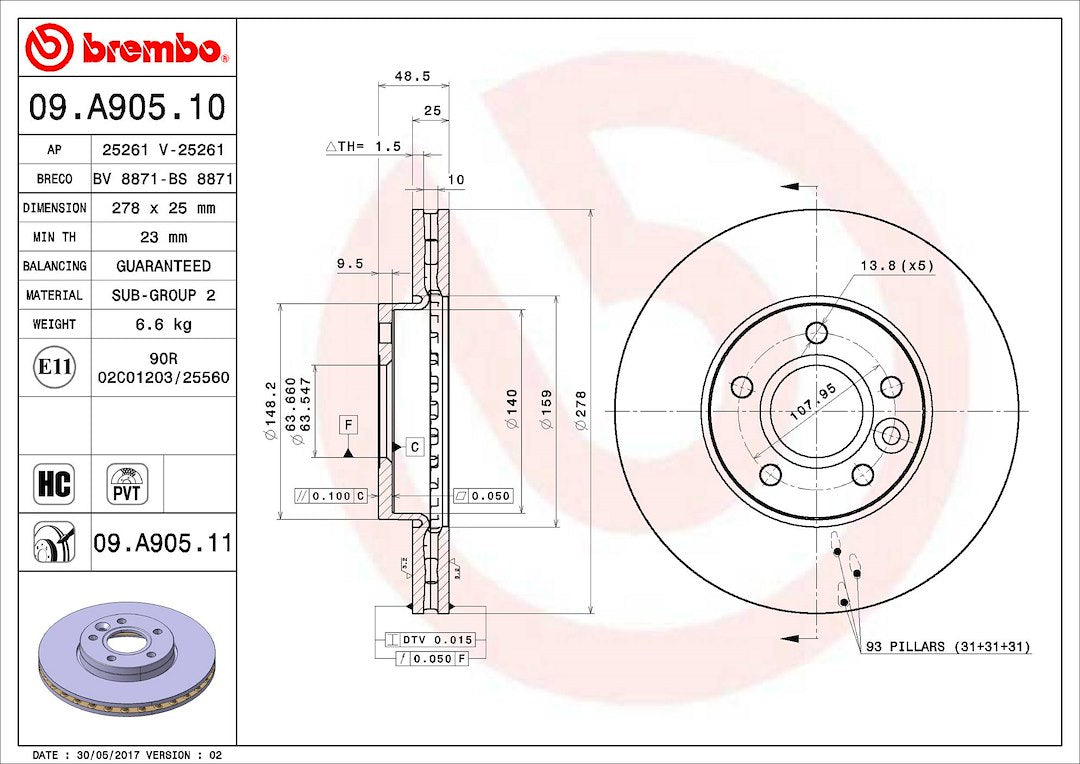 Product of Brembo 09A90511C02 Vented 1 Piece Brake Rotor 