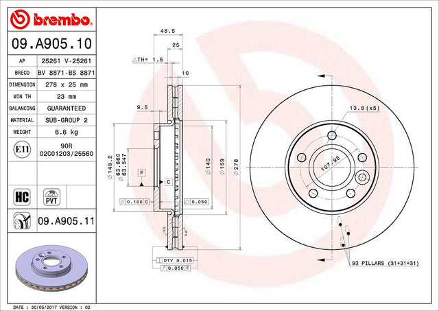 Product of Brembo 09A90511C02 Vented 1 Piece Brake Rotor 