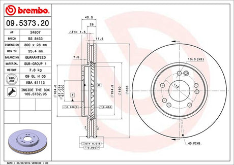 Product of Brembo 09537320C02 Vented 1 Piece Brake Rotor 