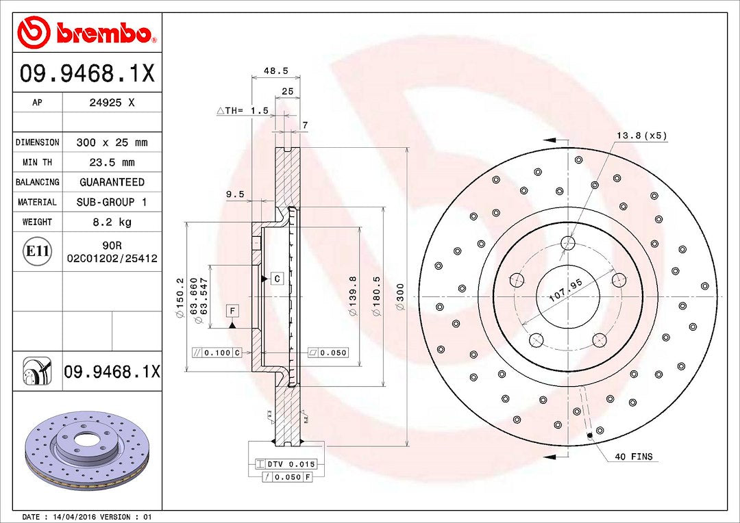 Product of Brembo 0994681XC02 Xtra Vented Cross Drilled 1 Piece Brake Rotor 