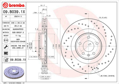 Product of Brembo 09B0391XC02 Xtra Vented Cross Drilled 1 Piece Brake Rotor 