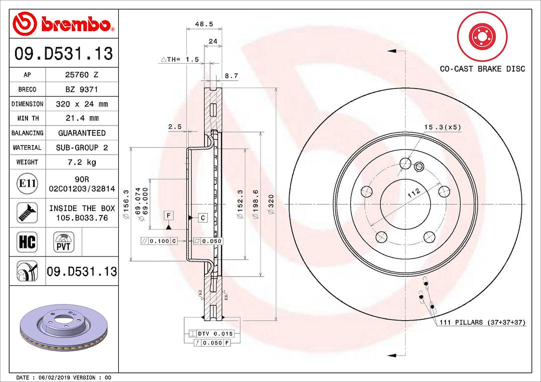Product of Brembo 09D53113C02 Vented 1 Piece Brake Rotor 