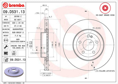 Product of Brembo 09D53113C02 Vented 1 Piece Brake Rotor 