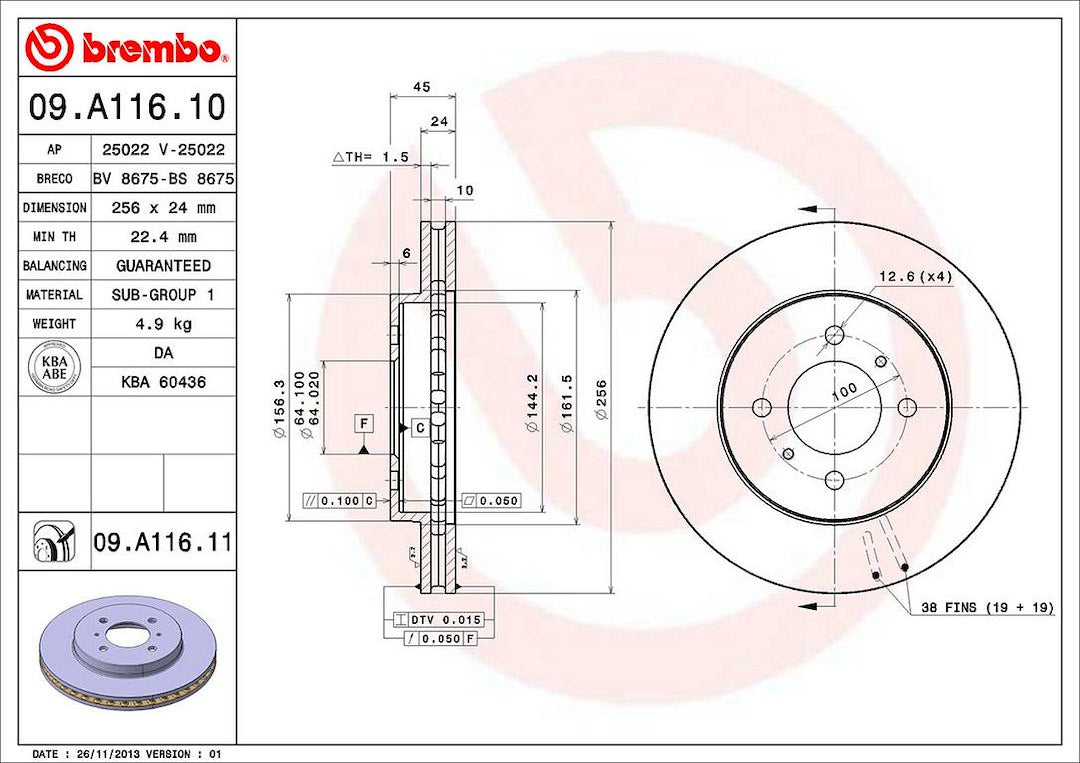 Product of Brembo 09A11611C02 Vented 1 Piece Brake Rotor 