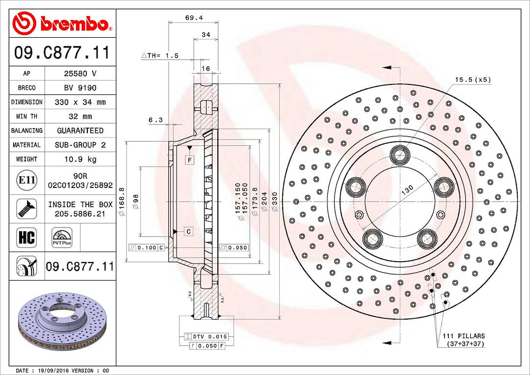 Product of Brembo 09C87711C02 Vented Cross Drilled 1 Piece Brake Rotor 