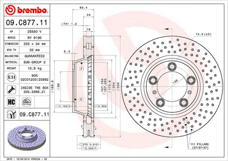 Product of Brembo 09C87711C02 Vented Cross Drilled 1 Piece Brake Rotor 