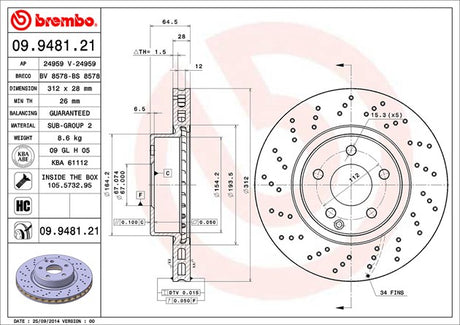 Product of Brembo 09948121C02 Vented Cross Drilled 1 Piece Brake Rotor 