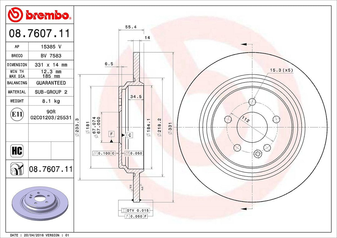 Product of Brembo 08760711C02 Solid 1 Piece Brake Rotor 