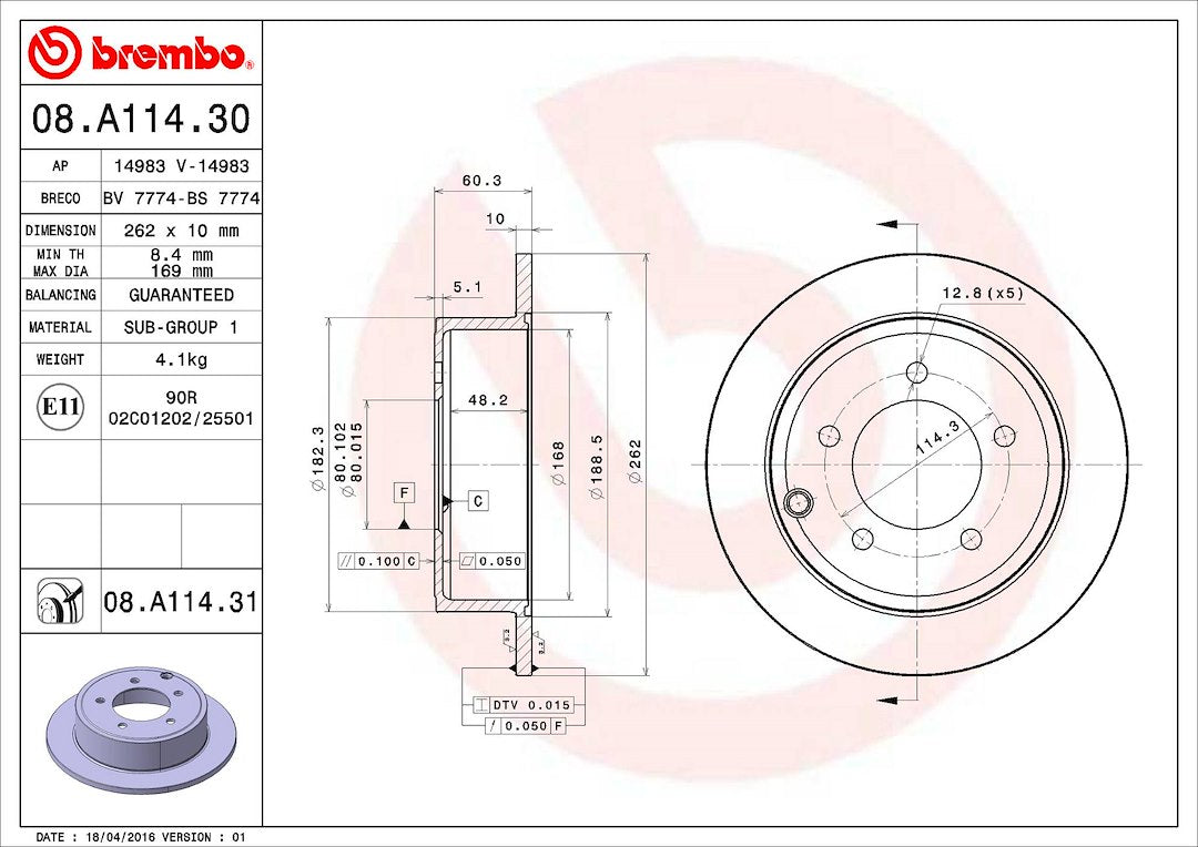 Product of Brembo 08A11431C02 Solid 1 Piece Brake Rotor 