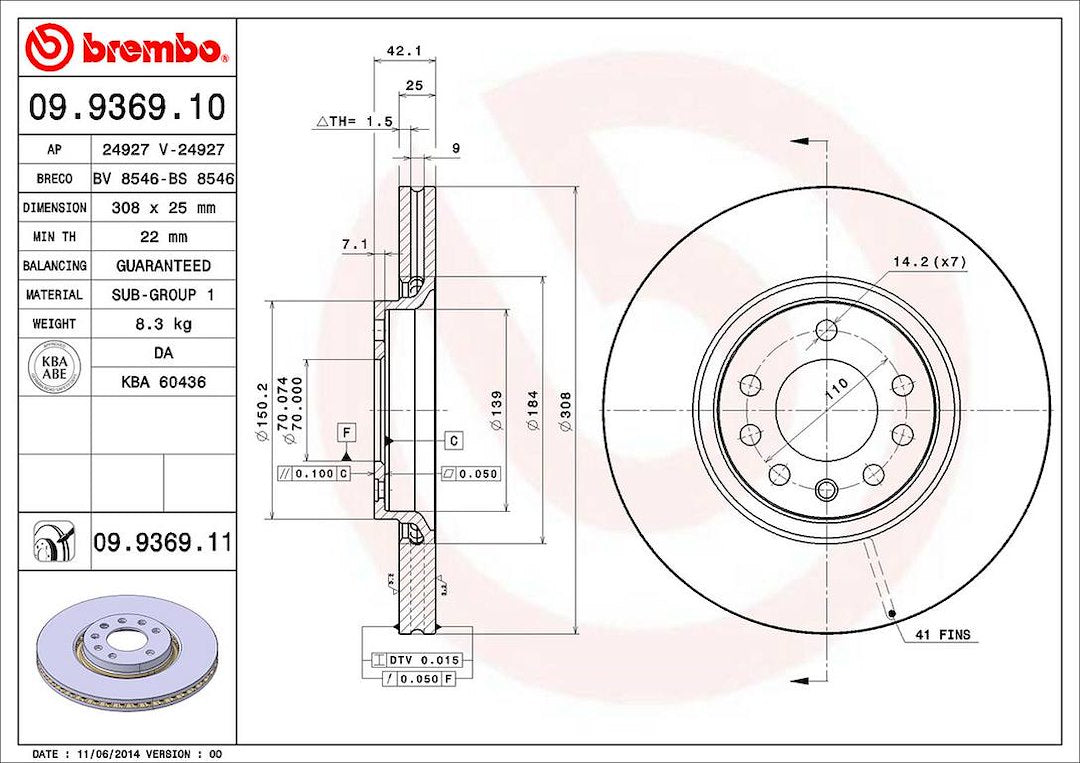 Product of Brembo 09936911C02 Vented 1 Piece Brake Rotor 
