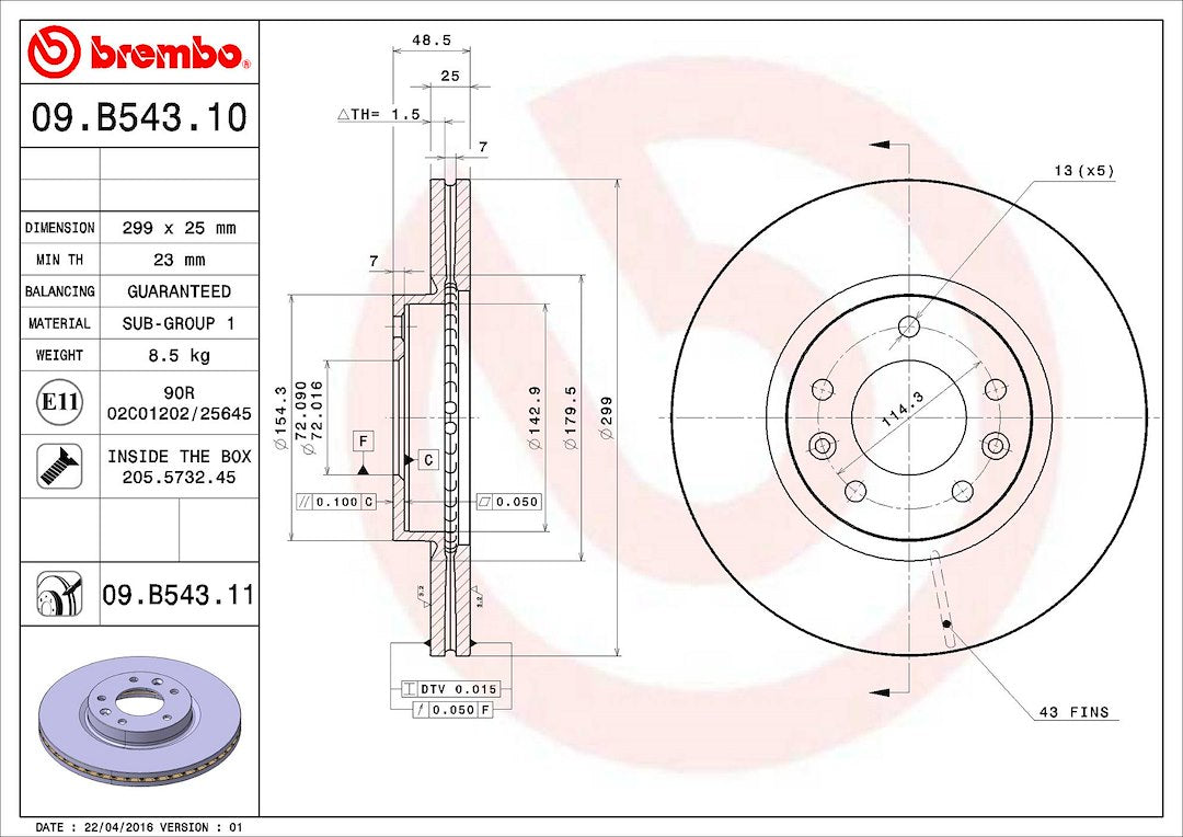 Product of Brembo 09B54311C02 Vented 1 Piece Brake Rotor 
